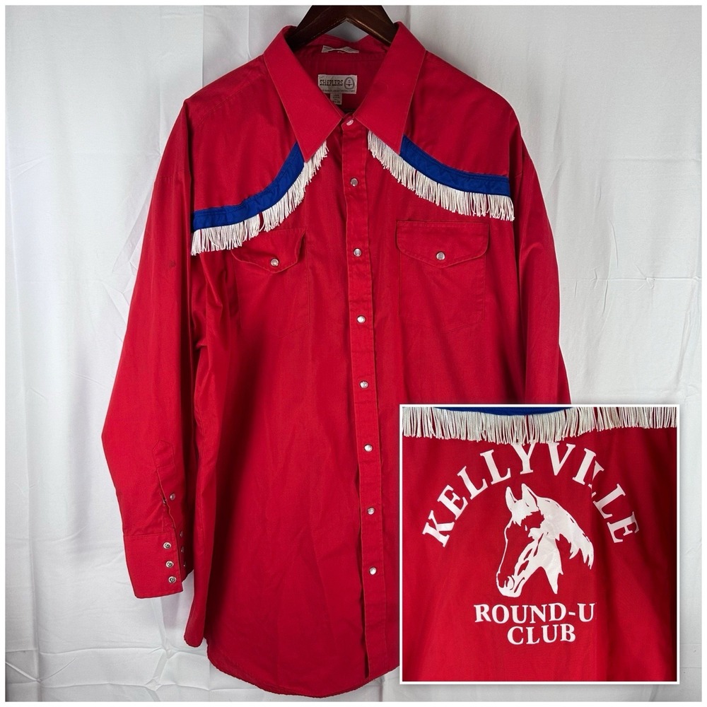 Sheplers Western Shirt Mens 18.5-35 Tall Red Pearl Snap Long Sleeve Fringe Rodeo